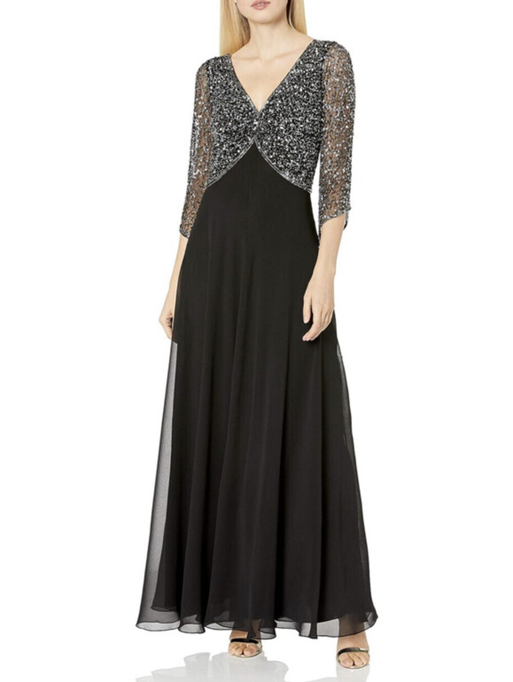 J KARA  Women's Embellished V-Neck and V-Back Gown, 3/4 Illusion Sleeves Size 6